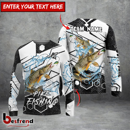 Besfrend Pike Fishing White Gray Black Hexagon Sport Custom Name  Team Name 3D Shirts