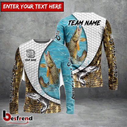 Besfrend Pike Fishing White Skin Diagonal Custom Name  Team Name 3D Shirts
