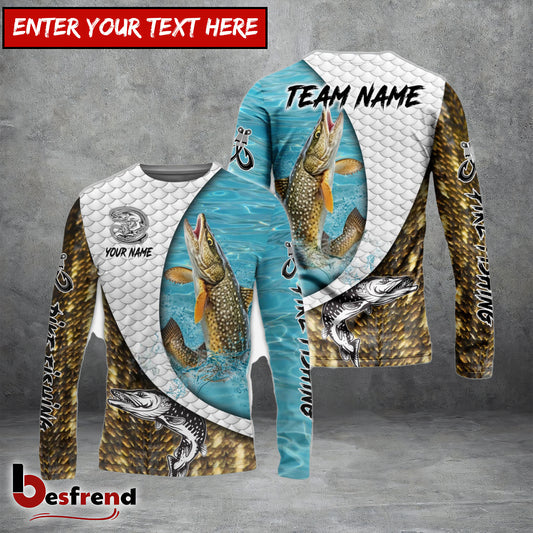 Besfrend Pike Fishing White Skin Diagonal Custom Name  Team Name 3D Shirts