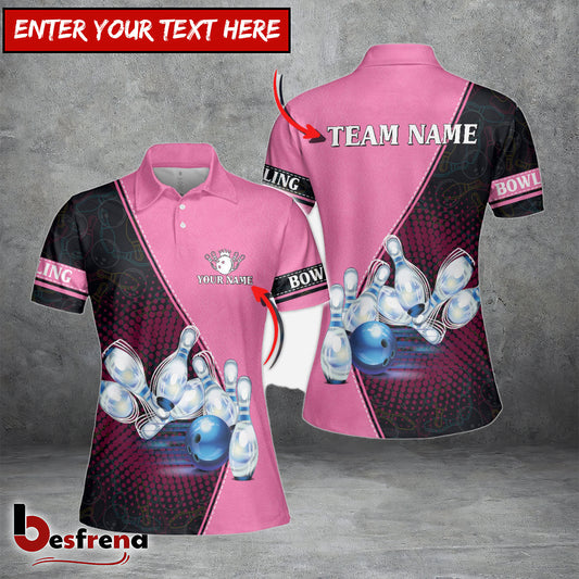 Besfrend Pink Bowling Ball And Pins Pattern Premium Customized Name 3D Shirt For Women