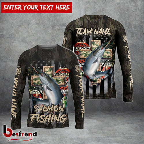 Besfrend Salmon Fishing American Flag Camo Cross Gear Custom Name  Team Name 3D Shirts