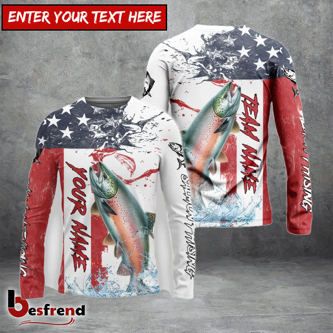 Besfrend Salmon Fishing American Flag Red Blue Seawave Custom Name  Team Name 3D Shirts