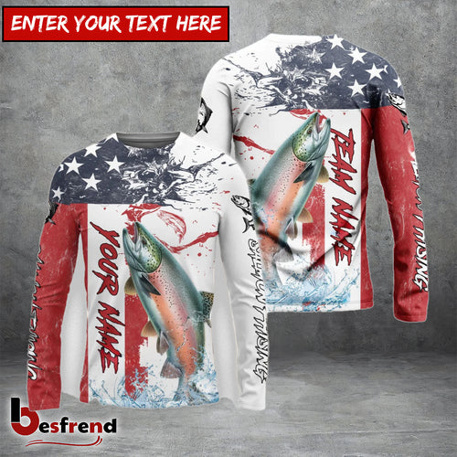 Besfrend Salmon Fishing American Flag Red Blue Seawave Custom Name  Team Name 3D Shirts