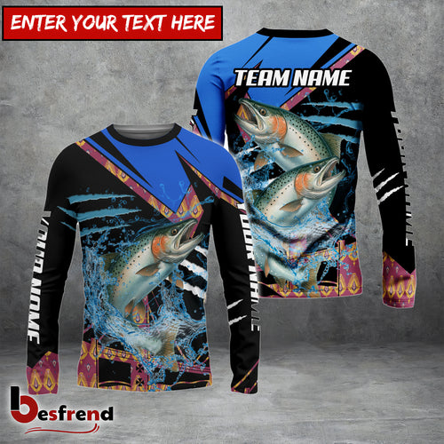 Besfrend Salmon Fishing Blue Brocade Pattern Custom Name  Team Name 3D Shirts