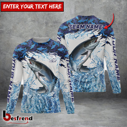 Besfrend Salmon Fishing Blue Camo Clear Water Custom Name  Team Name 3D Shirts