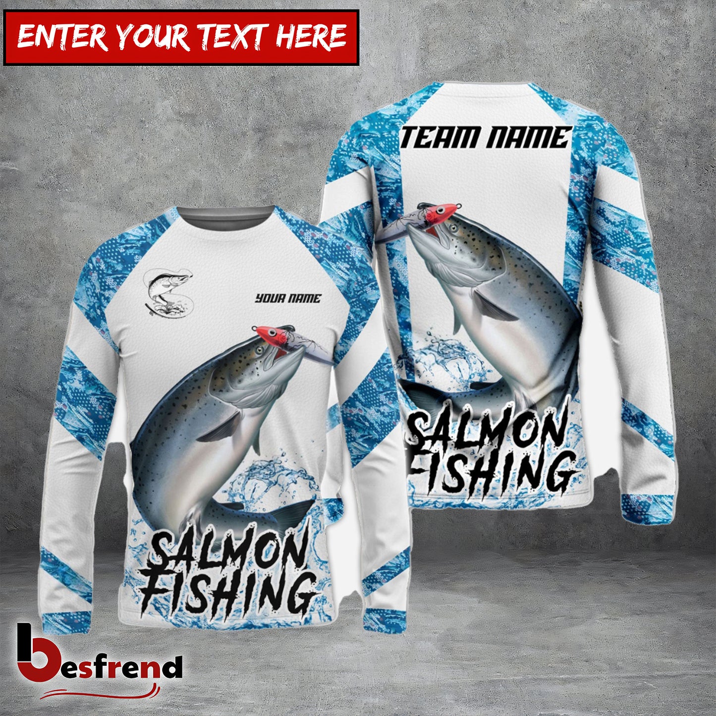 Besfrend Salmon Fishing Blue Camo White Pattern Sport Custom Name  Team Name 3D Shirts