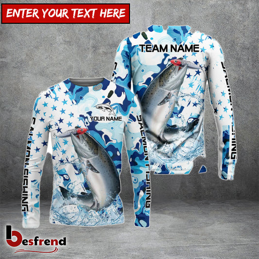 Besfrend Salmon Fishing Blue White American Flag Custom Name  Team Name 3D Shirts