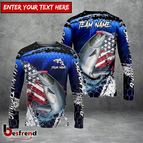 Besfrend Salmon Fishing Dark Blue Scratch American Flag scratch Sport Custom Name  Team Name 3D Shirts