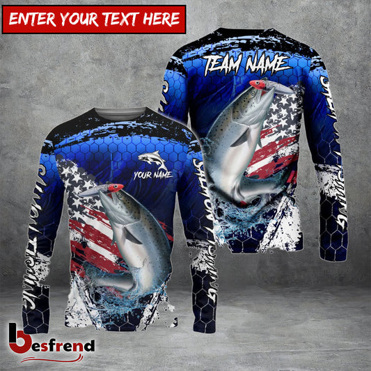 Besfrend Salmon Fishing Dark Blue Scratch American Flag scratch Sport Custom Name  Team Name 3D Shirts