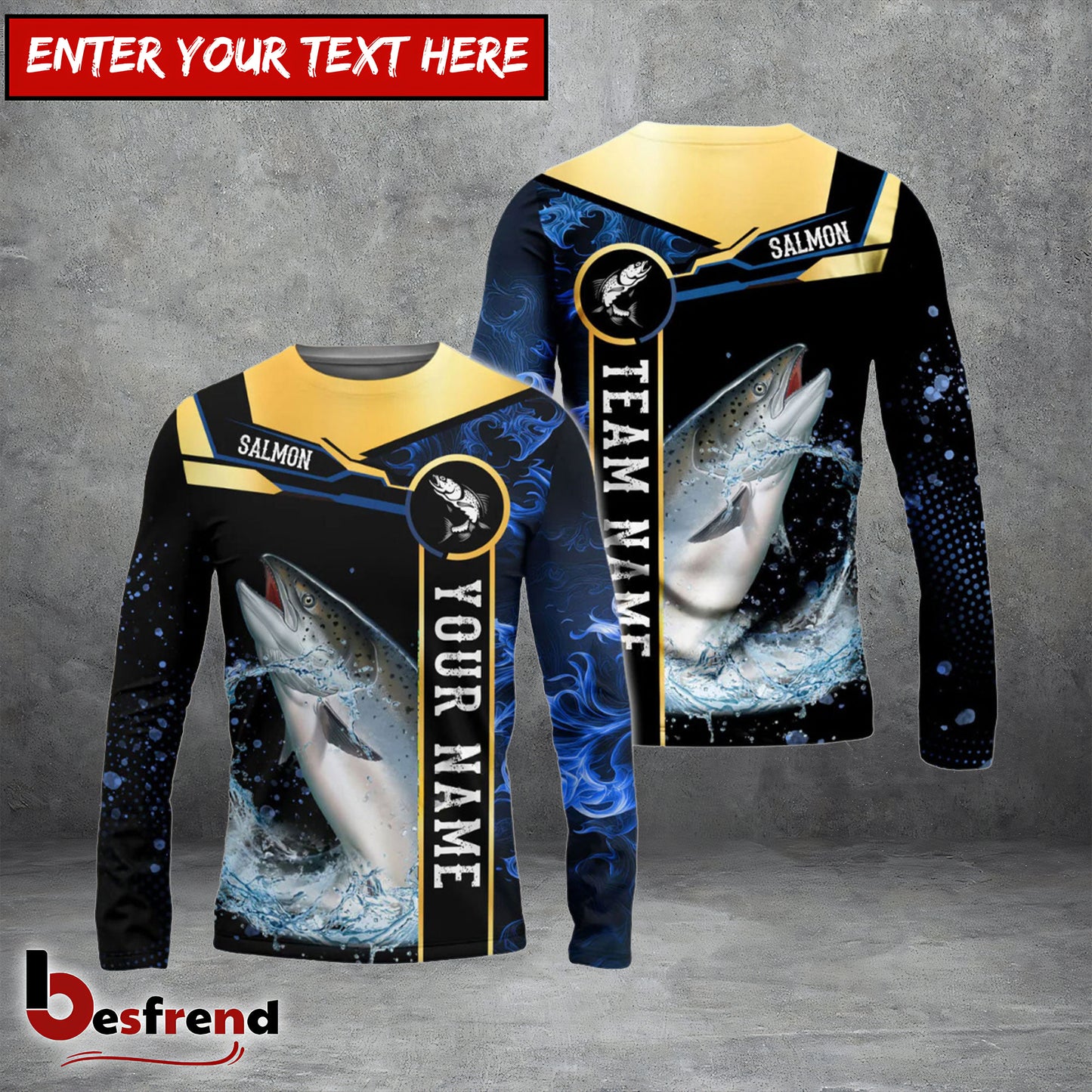 Besfrend Salmon Fishing Golden With Blue Flame Pattern Custom Name  Team Name 3D Shirts