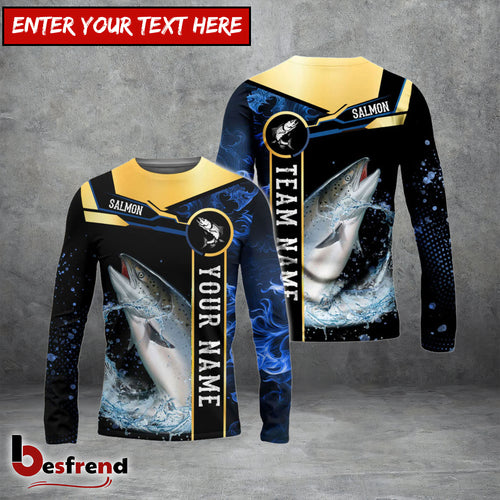 Besfrend Salmon Fishing Golden With Blue Flame Pattern Custom Name  Team Name 3D Shirts
