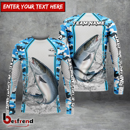 Besfrend Salmon Fishing Light Blue Camo Sport Custom Name  Team Name 3D Shirts