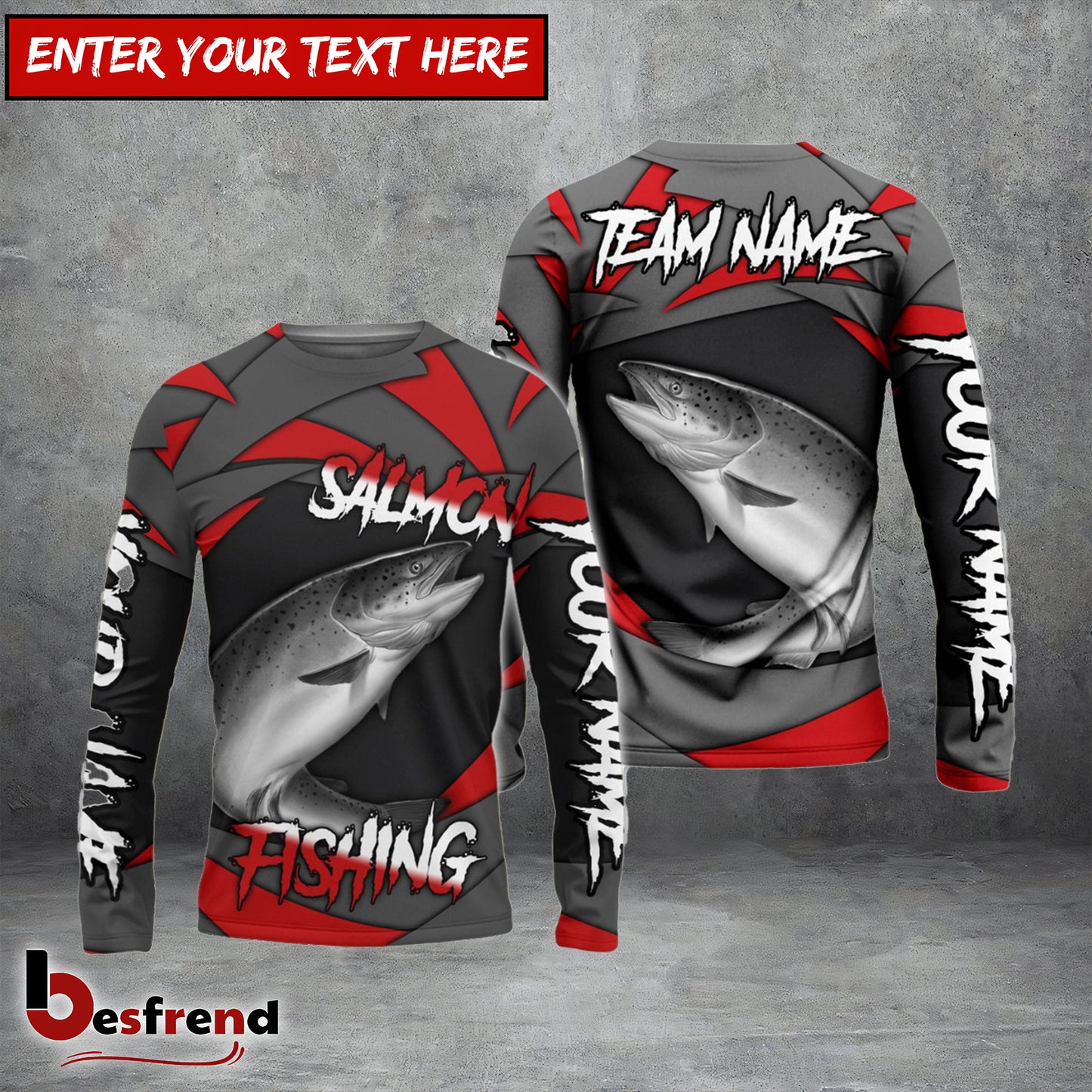 Besfrend Salmon Fishing Red Gray Spinning Pattern Custom Name  Team Name 3D Shirts