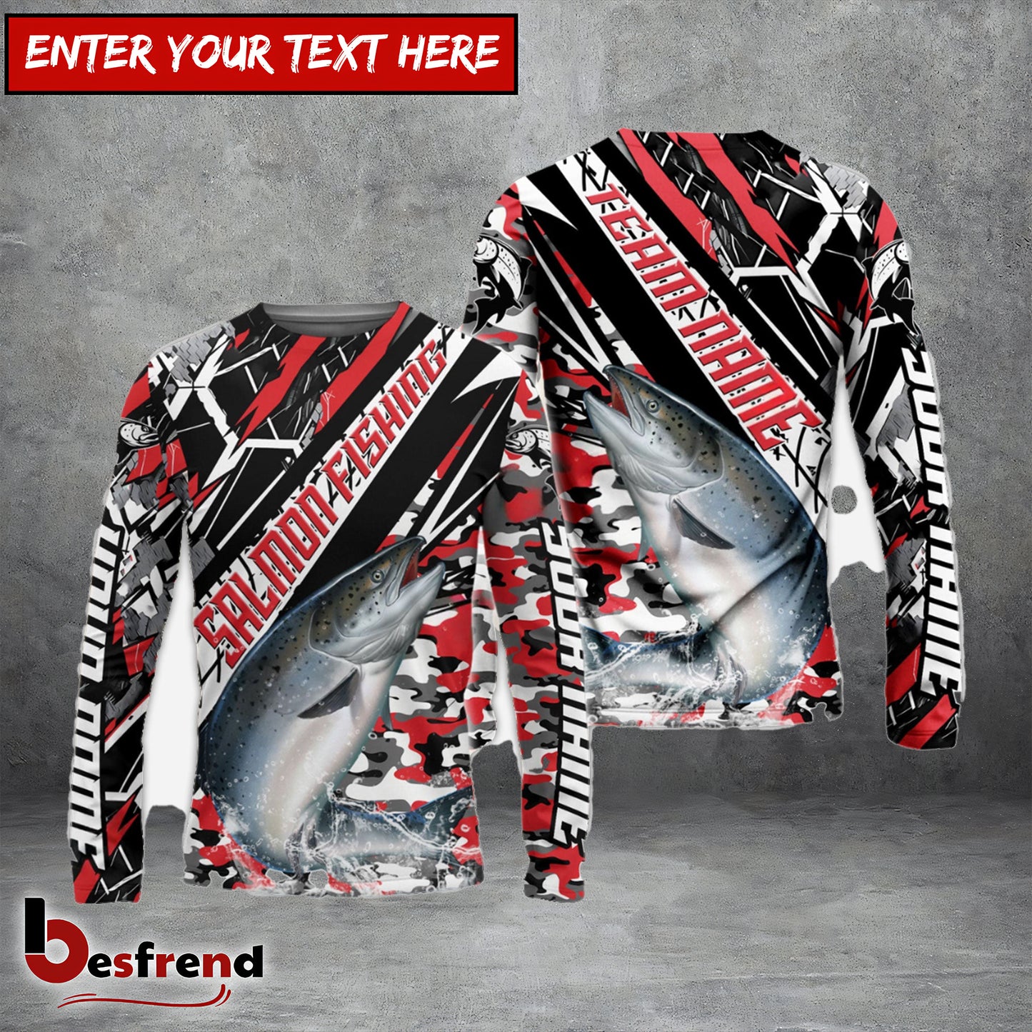Besfrend Salmon Fishing Red Grunge Camo Custom Name  Team Name 3D Shirts