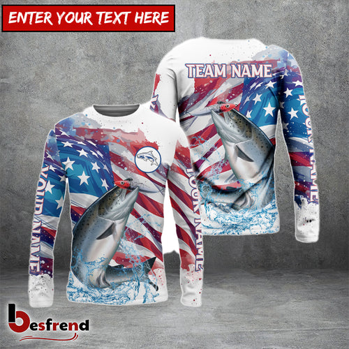 Besfrend Salmon Fishing Watercolor USA Flag Custom Name  Team Name Shirts