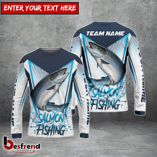 Besfrend Salmon Fishing White Blue Camo Sport Custom Name  Team Name 3D Shirts