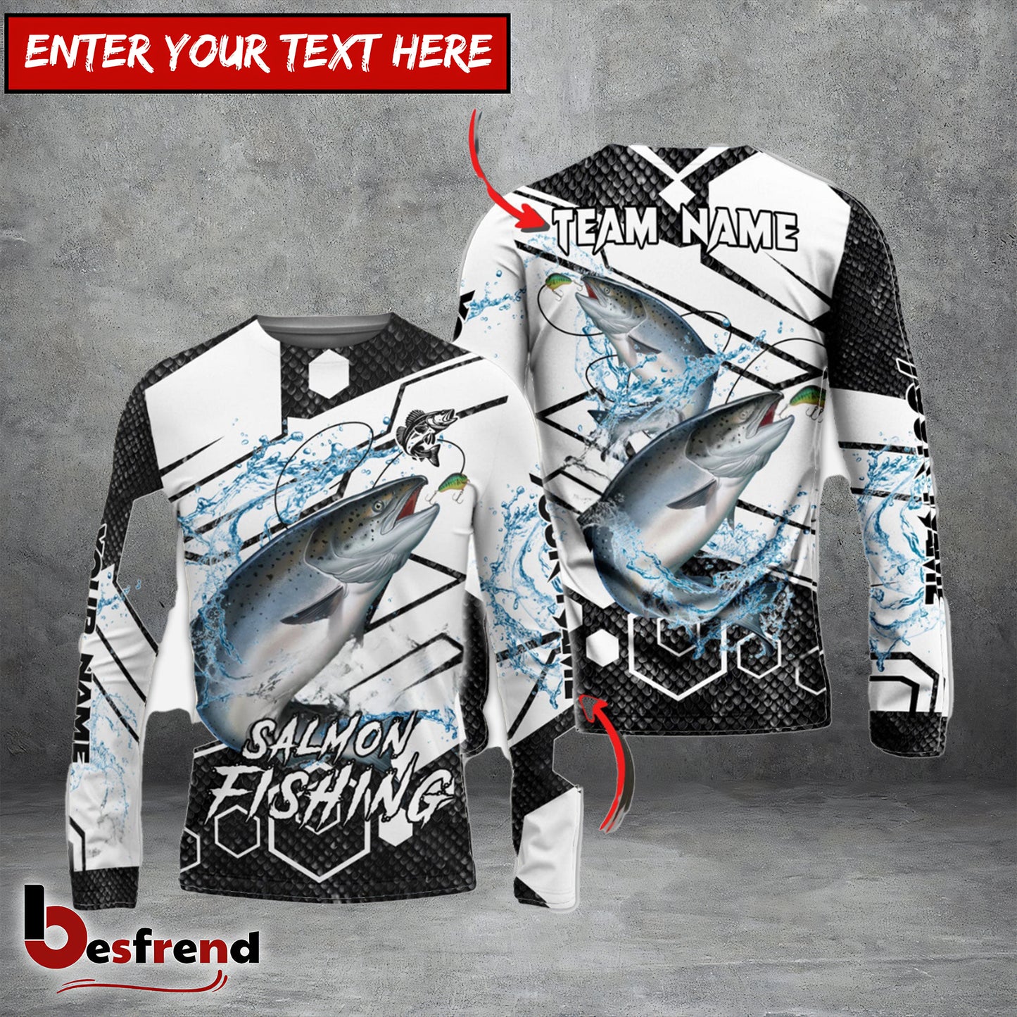 Besfrend Salmon Fishing White Gray Black Hexagon Sport Custom Name  Team Name 3D Shirts