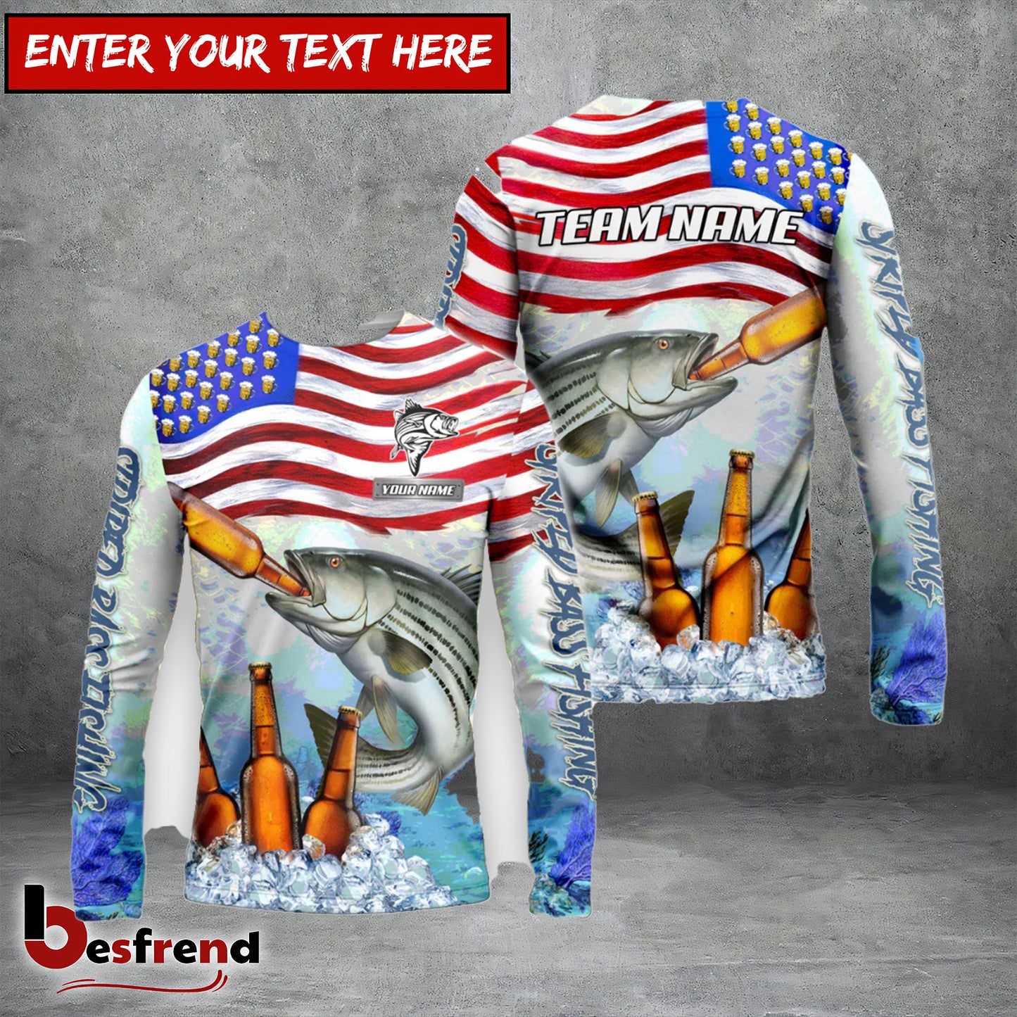 Besfrend Striped Bass Fishing American Flag Beer Custom Name  Team Name 3D Shirts