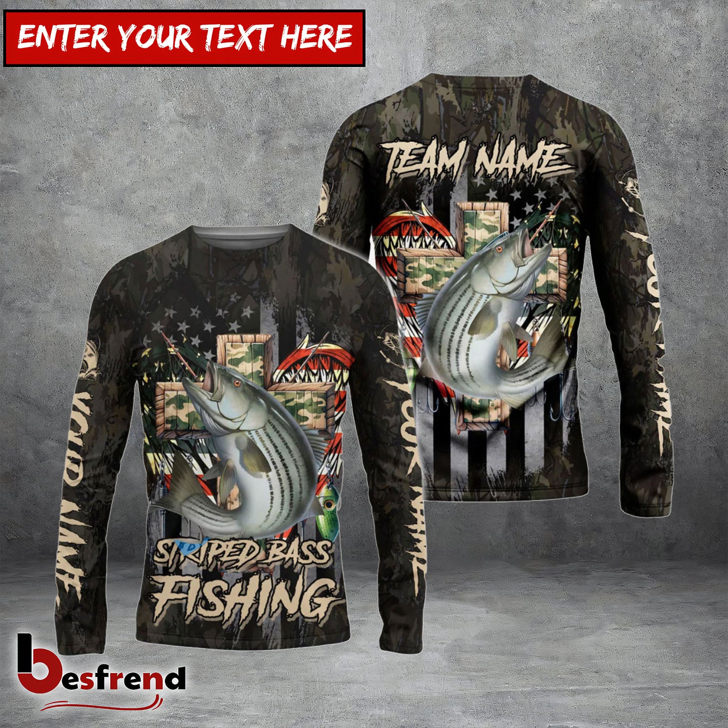 Besfrend Striped Bass Fishing American Flag Camo Cross Gear Custom Name  Team Name 3D Shirts