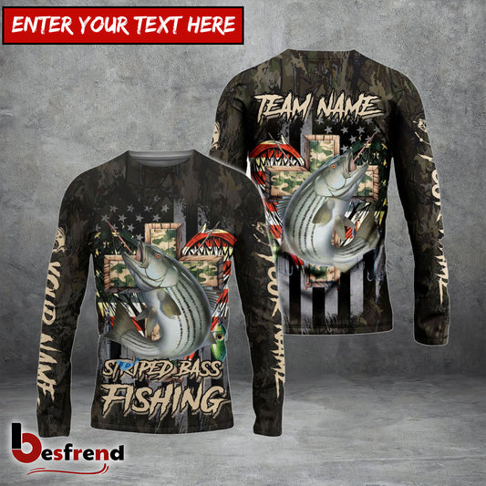 Besfrend Striped Bass Fishing American Flag Camo Cross Gear Custom Name  Team Name 3D Shirts