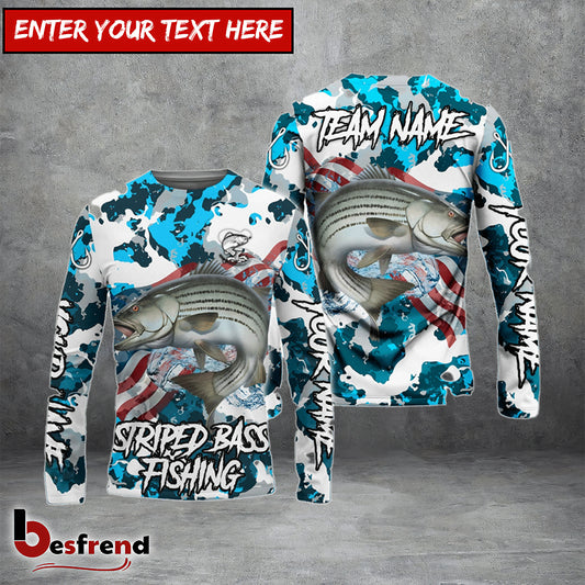 Besfrend Striped Bass Fishing American Flag Light Blue Camo Custom Name  Team Name 3D Shirts