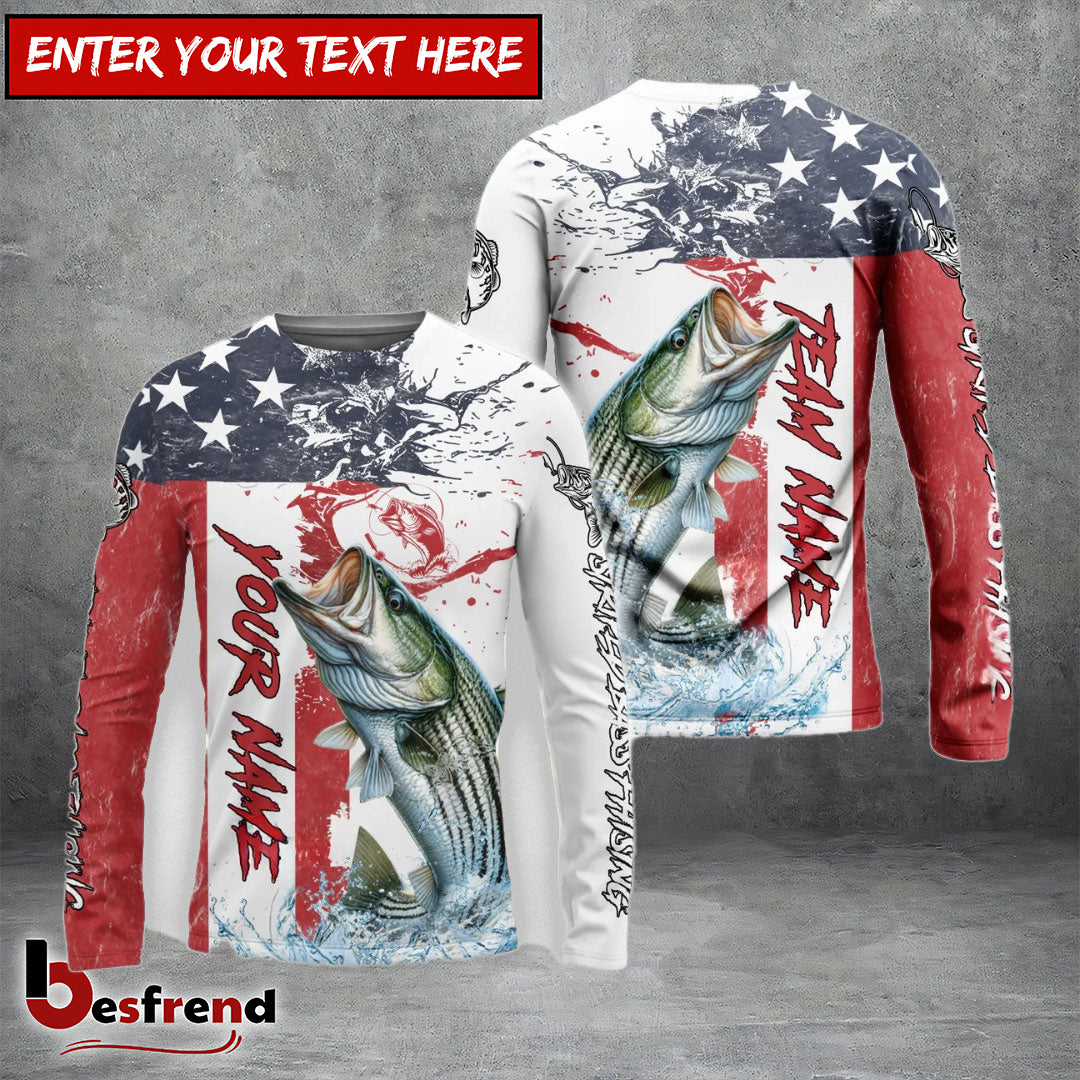 Besfrend Striped Bass Fishing American Flag Red Blue Seawave Custom Name  Team Name 3D Shirts