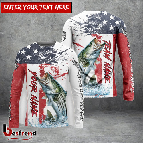 Besfrend Striped Bass Fishing American Flag Red Blue Seawave Custom Name  Team Name 3D Shirts