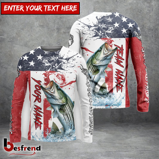 Besfrend Striped Bass Fishing American Flag Red Blue Seawave Custom Name  Team Name 3D Shirts