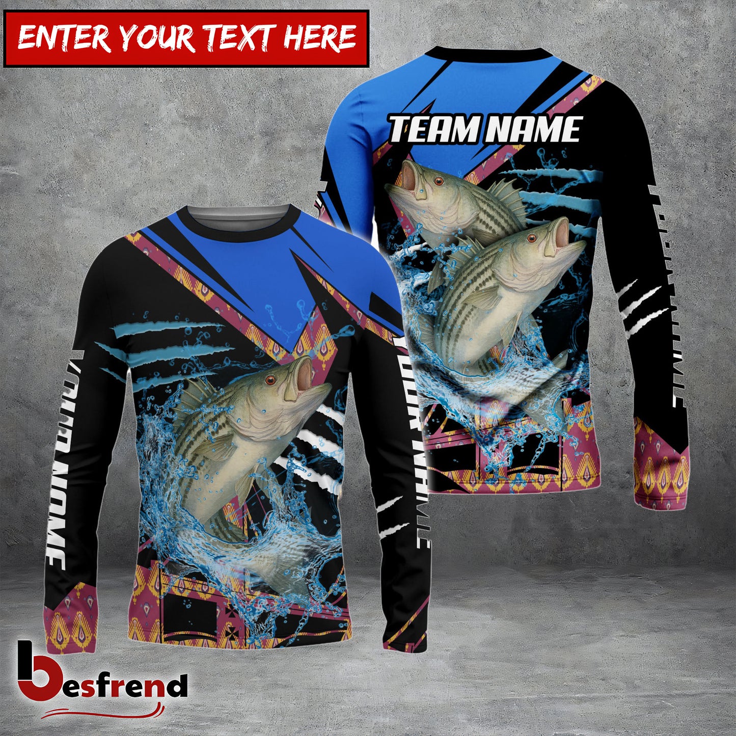 Besfrend Striped Bass Fishing Blue Brocade Pattern Custom Name  Team Name 3D Shirts
