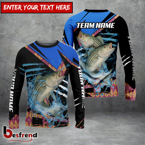 Besfrend Striped Bass Fishing Blue Brocade Pattern Custom Name  Team Name 3D Shirts
