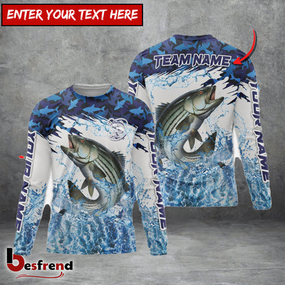 Besfrend Striped Bass Fishing Blue Camo Clear Water Custom Name  Team Name 3D Shirts