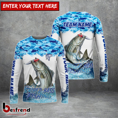 Besfrend Striped Bass Fishing Blue Water Camo Custom Name  Team Name 3D Shirts
