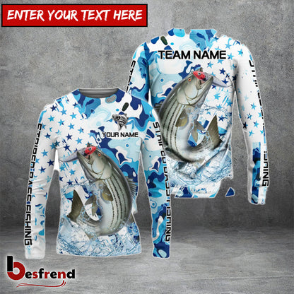 Besfrend Striped Bass Fishing Blue White American Flag Custom Name  Team Name 3D Shirts