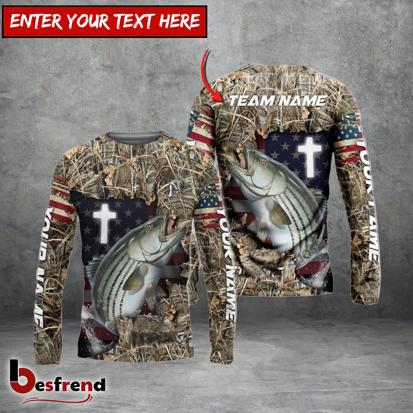 Besfrend Striped Bass Fishing Cross Camo Custom Name  Team Name 3D Shirts