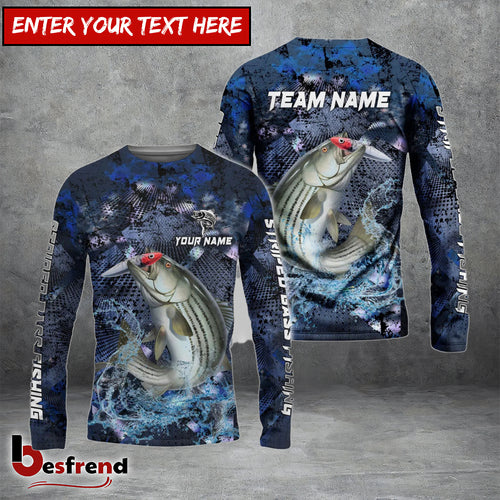 Besfrend Striped Bass Fishing Dark Blue Camouflage Custom Name  Team Name 3D Shirts