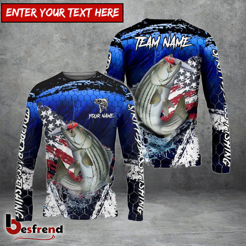 Besfrend Striped Bass Fishing Dark Blue Scratch American Flag scratch Sport Custom Name  Team Name 3D Shirts