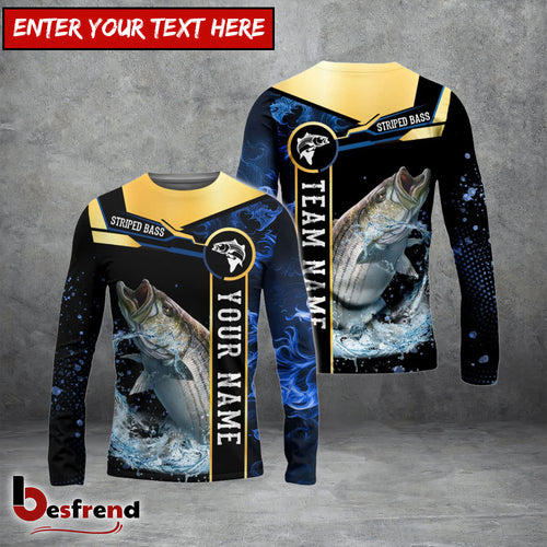 Besfrend Striped Bass Fishing Golden With Blue Flame Pattern Custom Name  Team Name 3D Shirts