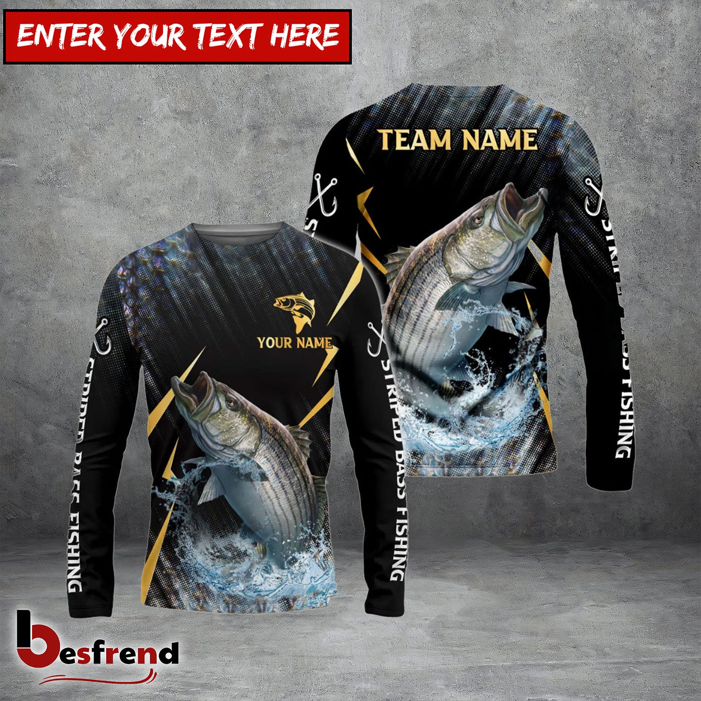 Besfrend Striped Bass Fishing Golden With Skinfish Pattern Custom Name  Team Name 3D Shirts