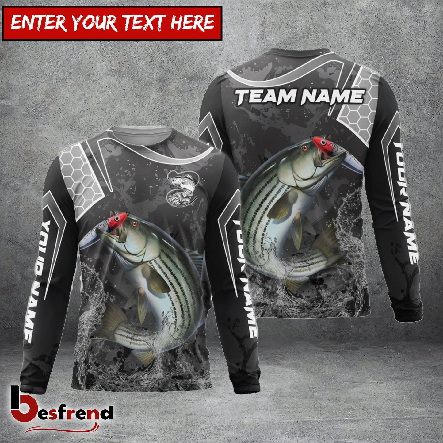 Besfrend Striped Bass Fishing Gray Camo Sport Custom Name  Team Name 3D Shirts