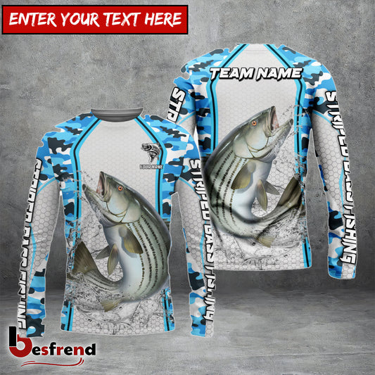 Besfrend Striped Bass Fishing Light Blue Camo Sport Custom Name  Team Name 3D Shirts