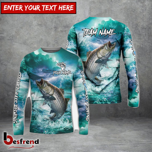Besfrend Striped Bass Fishing Teal Thunderstorm Name  Team Name 3D Shirts