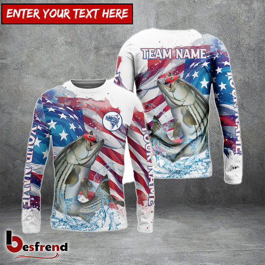 Besfrend Striped Bass Fishing Watercolor USA Flag Custom Name  Team Name Shirts