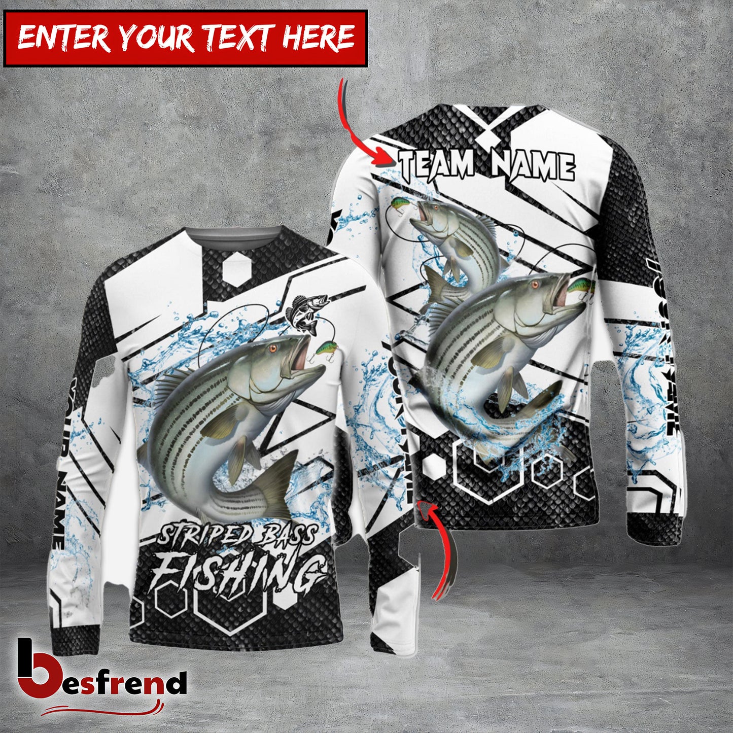 Besfrend Striped Bass Fishing White Gray Black Hexagon Sport Custom Name  Team Name 3D Shirts