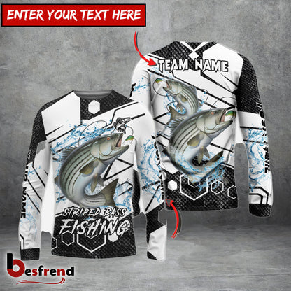 Besfrend Striped Bass Fishing White Gray Black Hexagon Sport Custom Name  Team Name 3D Shirts