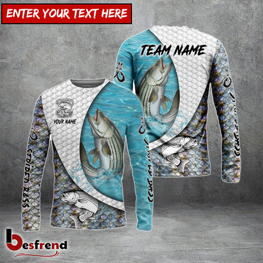 Besfrend Striped Bass Fishing White Skin Diagonal Custom Name  Team Name 3D Shirts