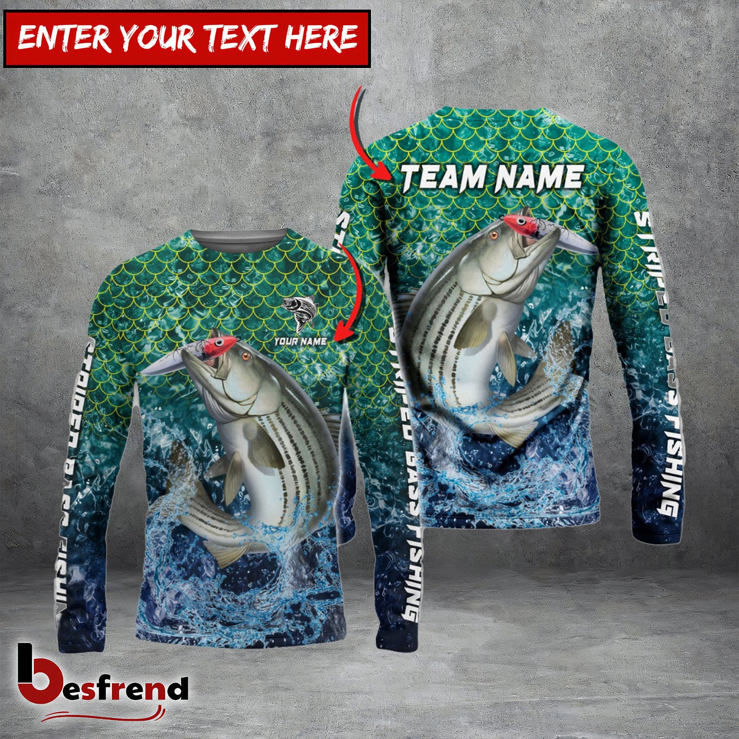 Besfrend Striped Bass Fishing Yellow Fin Sport Custom Name  Team Name 3D Shirts