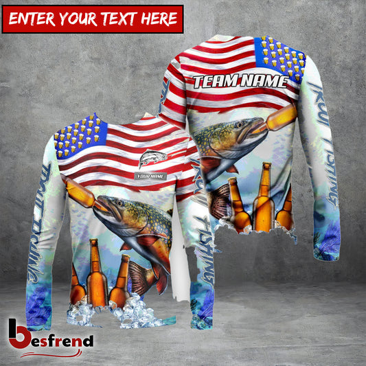 Besfrend Trout Fishing American Flag Beer Custom Name  Team Name 3D Shirts