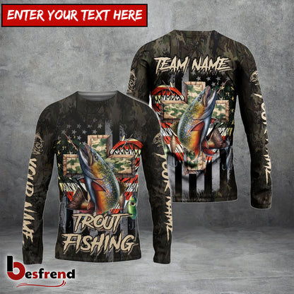 Besfrend Trout Fishing American Flag Camo Cross Gear Custom Name  Team Name 3D Shirts