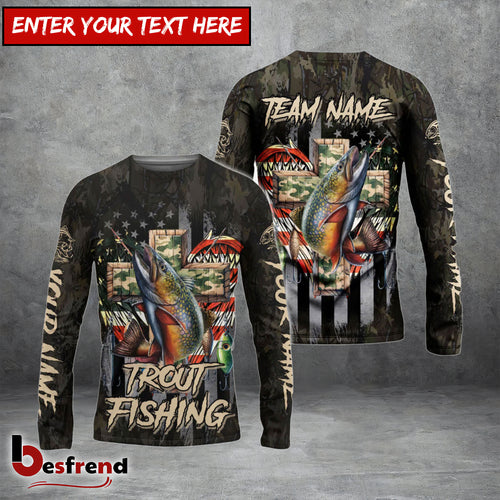 Besfrend Trout Fishing American Flag Camo Cross Gear Custom Name  Team Name 3D Shirts