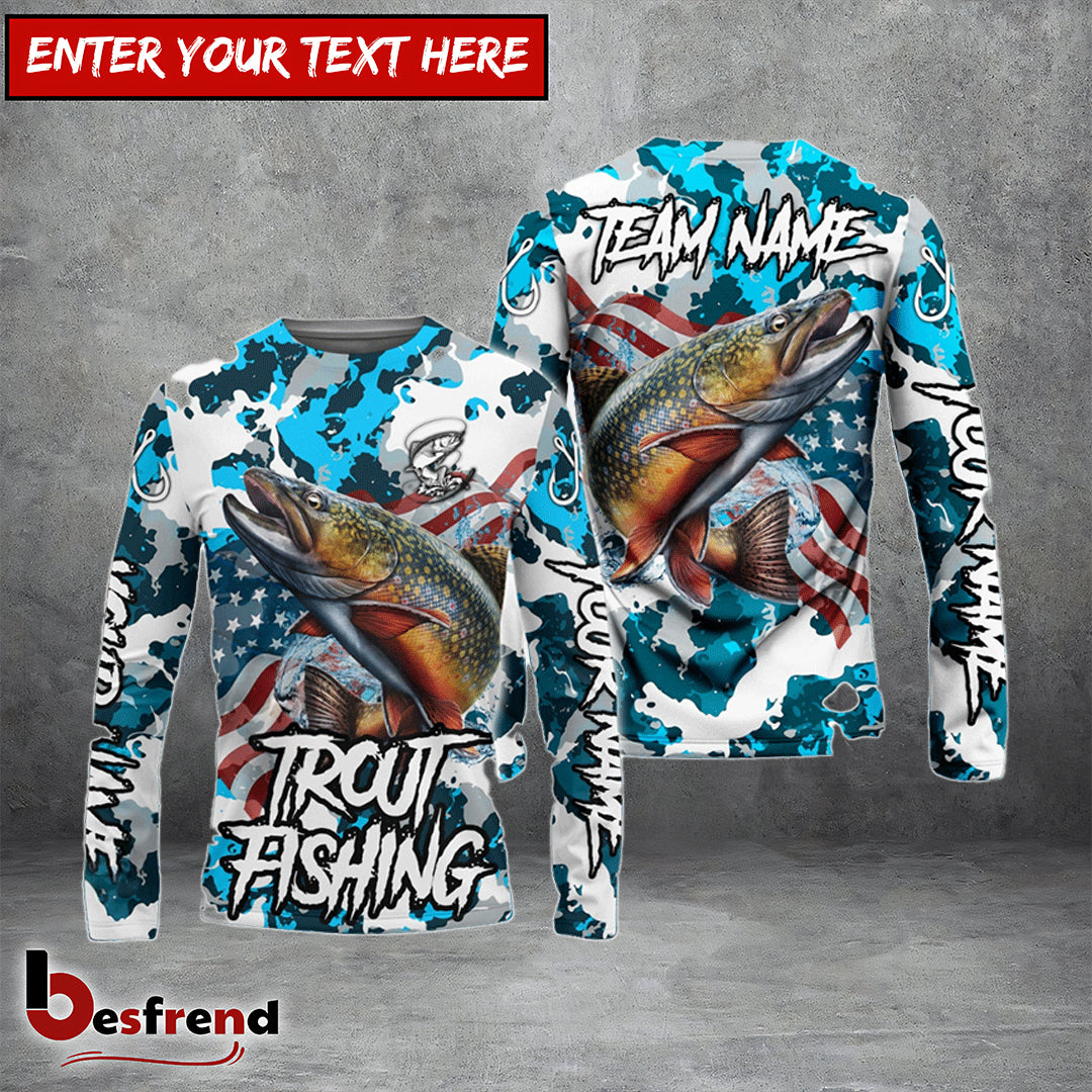 Besfrend Trout Fishing American Flag Light Blue Camo Custom Name  Team Name 3D Shirts